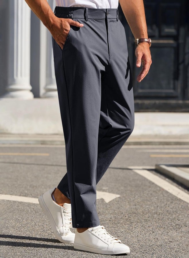 Runcati Mens Stretch Golf Pants Casual Slim Fit Dress Pants Elastic Waist Tapered Work Cropped Trousers Dark Grey - Image 2